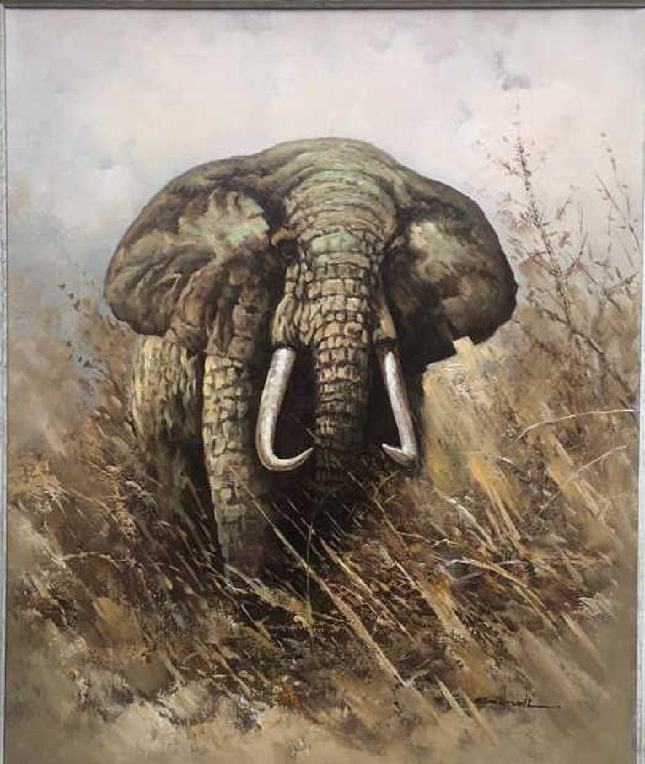 Elephant oil painting: Charging elephant coming out of the tall grass. Title: Elephant. Medium: Oil on Canvas. Size: 24 X 20 in. Signature: SLR. Artist: illegible. Framed.