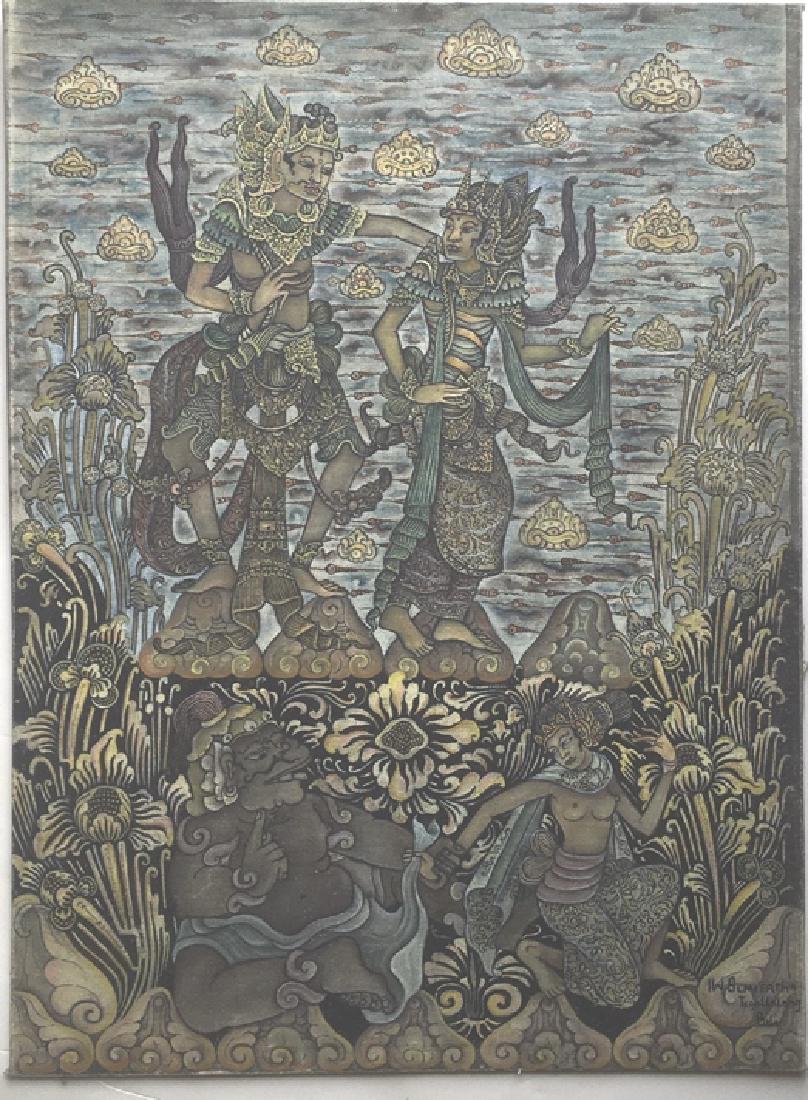 I. W. Sumerta, Bali oil painting: On verso: 11a/ I.W. Sumerian; Tow scenes form the epic poem Ramayana". Tegalla-lang, Bali. Oil on canvas.". Title: Ramayana, two scenes. Medium: Oil on Board. Size: 24 x 18 in. Signature: SLR. Artist: