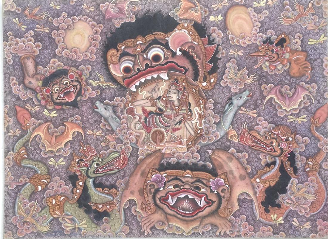 Bali artist: On verso: 32a /Demon eating the moon (from Balinese mythology).Bali. Title: Demon eating the moon. Medium: Oil on canvas on masonite. Size: 24.25 x 32.5 in. Signature: Lower center. Artist: Illegible.