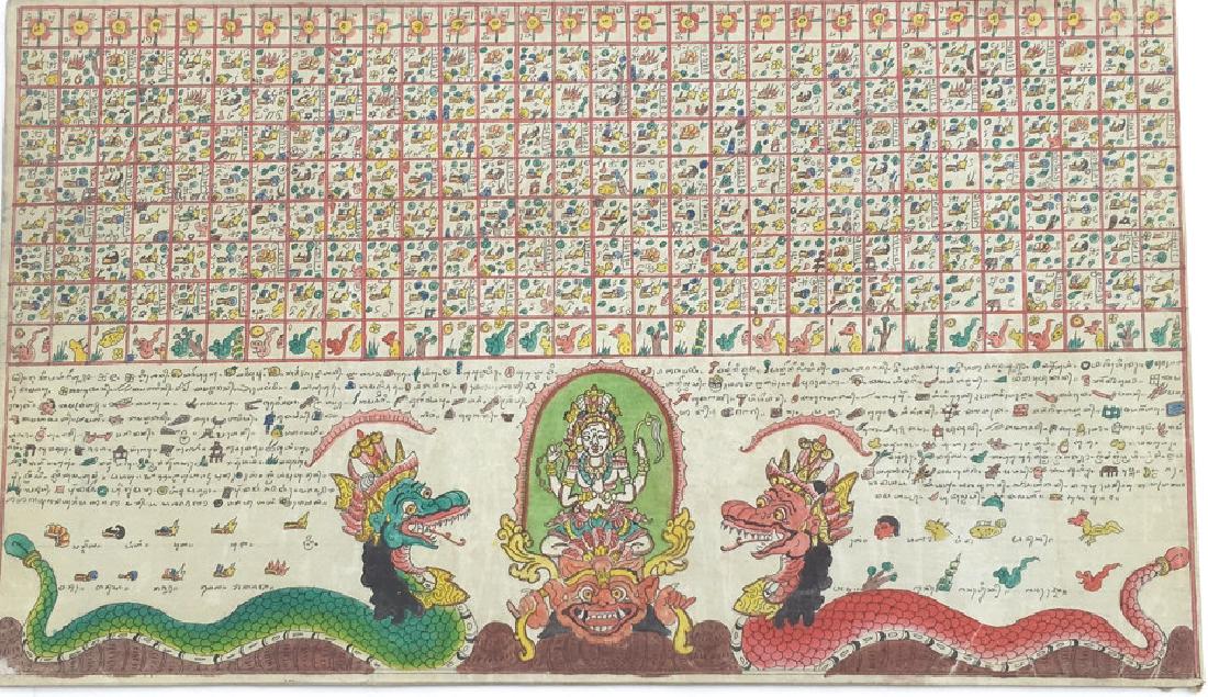 Bali Perennial Calendar- almanac: On Verso: 2b. Perennial calendar-almanac, with key in Sanskrit. Bali. Title: Perennial calendar-almanac. Medium: TouchÃ© on canvas. Size: 19.5 x 33.5 in. Signature: Unsigned. Artist: Bali. Unframed.