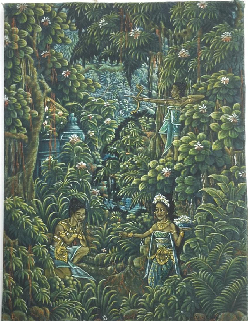 Keripa, Bali oil painting: On verso: 7a/ Kerripa: Rajapala scene (Balinese folklore). Katiklantang, Bali , oil on canvas. Title: Rapjapala Scene (Balinese folklore. Medium: Oil on Canvas. Size: 16.5 x 122.5 in. Signature: SLR. 