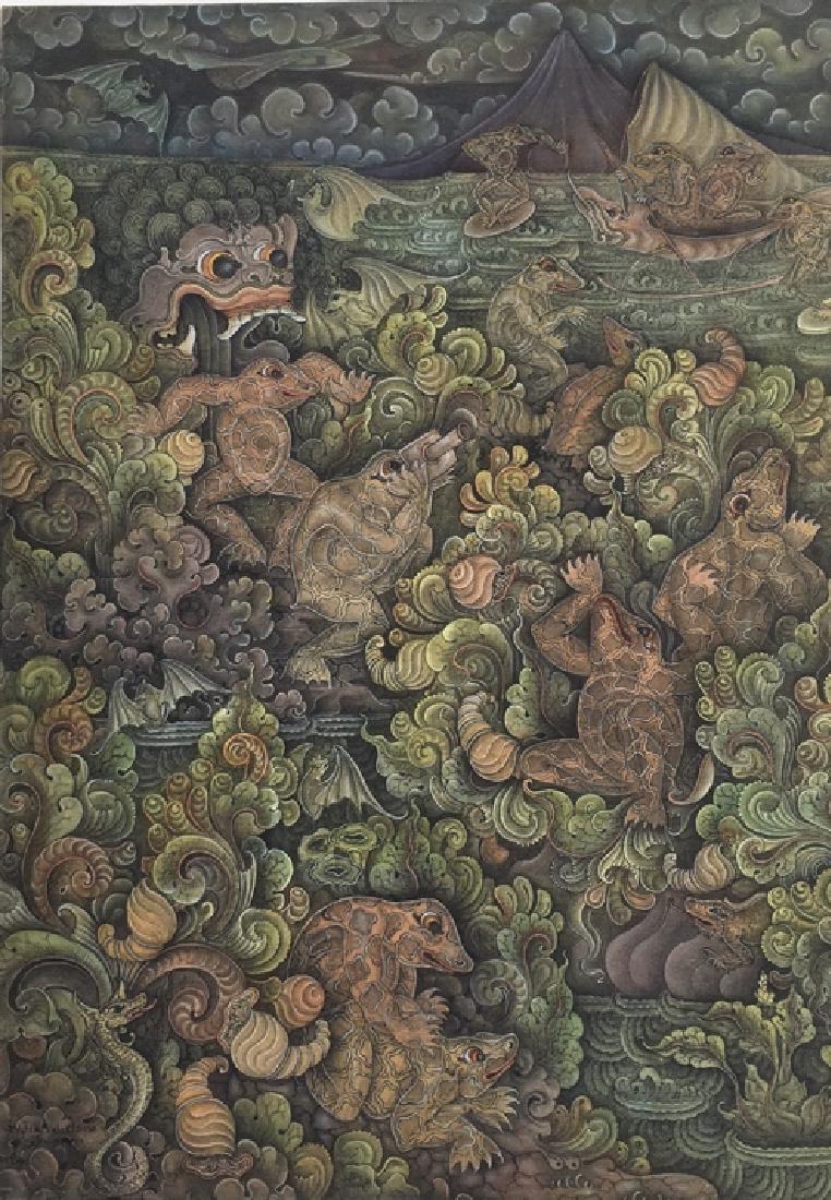 Ubud -Bali painting, illegible signature: Symbolism of visitors to Ubud-Bali, Plane in sky, boating,... Title: Visiting Bali. Medium: Oil on Canvas. Size: 23 x 16.25 in. Signature: Illegible. Artist: Illegible. Unframed.