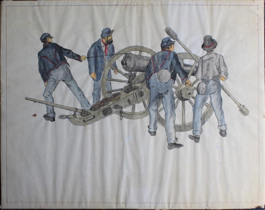 Civil War Soldiers: Artillery squad of civil war soldiers. Title: Civil War Soldiers. Medium: Watercolor. Unframed.17.75 x 22, paper taped onto card board