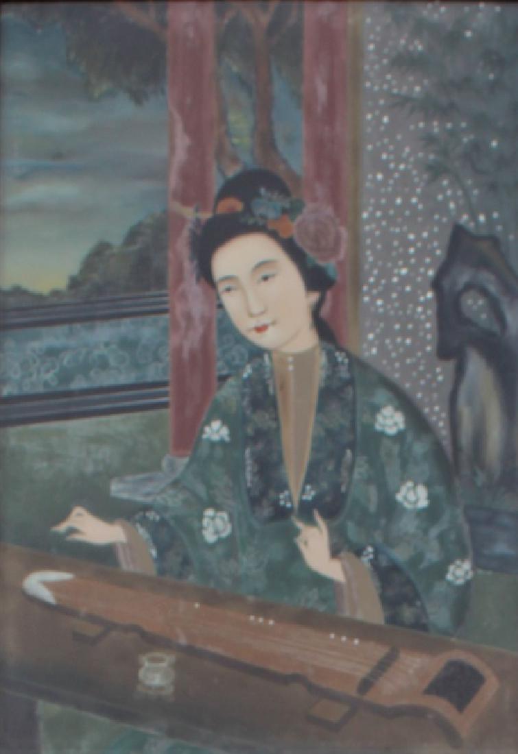 Reverse Glass Musician: Geisha playing long string instrument. Title: Reverse Glass Geisha. Medium: Oil on Glass. Size: 19.75 X 14 (sight) in. Signature: Unsigned. Framed.