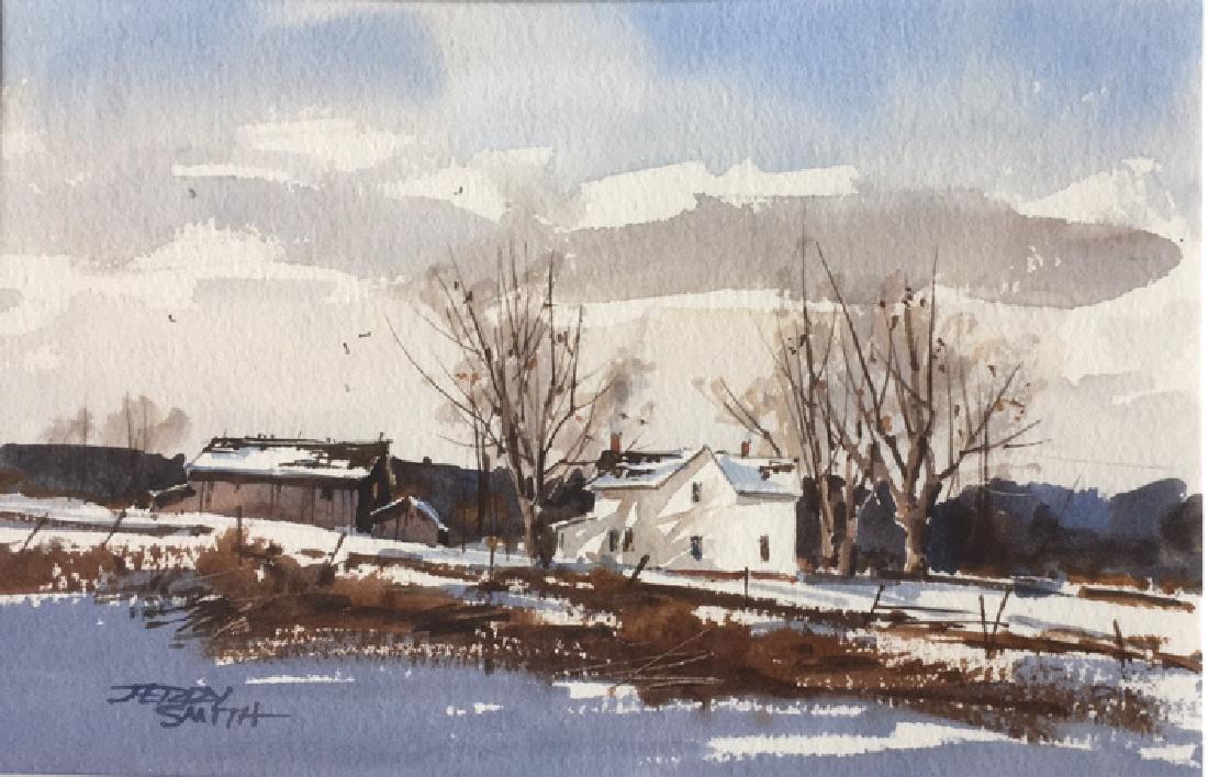 Jerry Smith (born 1944): Winter farm scene, by Indiana artist Jerry Smith. Title: Winter solitude. Medium: Watercolor. Size: 5.75 X 8.75 in. Signature: SLR. Artist: Jerry Smith. matted.