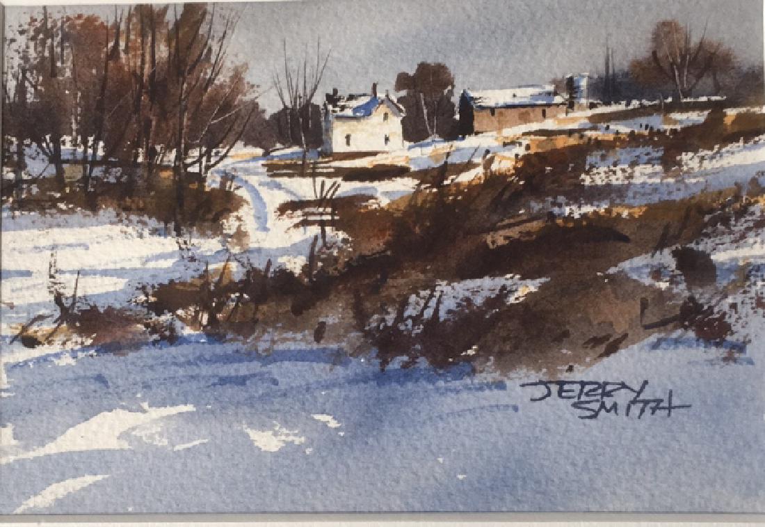 Jerry Smith (born 1944): Nice winter Scene. Snow covered road on left leading to the farm. Title: Snow covered Farm. Medium: Watercolor. Size: 5.75 X 8.75 in. Signature: SLR. Artist: Jerry Smith. Matted.