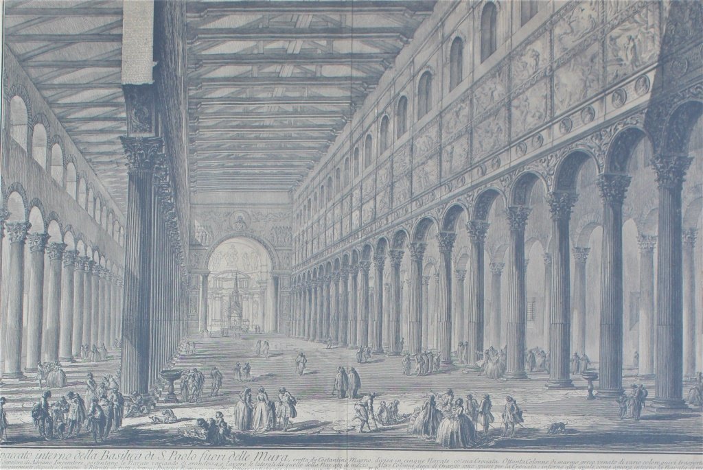 GIOVANNI BATTISTA PIRANESI (1720-1778): "SPACCATO INTERNO DELLA BASILILICA DI S. PAOLO FUORI DELLA MURA, 1749, etching. Label on verso: Merwin's Art Shop, York St. New Haven, CT Pictures, Etchings, Framing16.25 x 24, frame size 21x 30