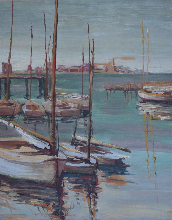 Harlan Hubbard (1900 - 1988): Sailboats in the harbor. Title: Sailboats in the Marina. Medium: Oil on Board. Size: 20 X 16 in. Signature: signed in pencil on verso. Artist: School of Harlan Hubbard. Framed.