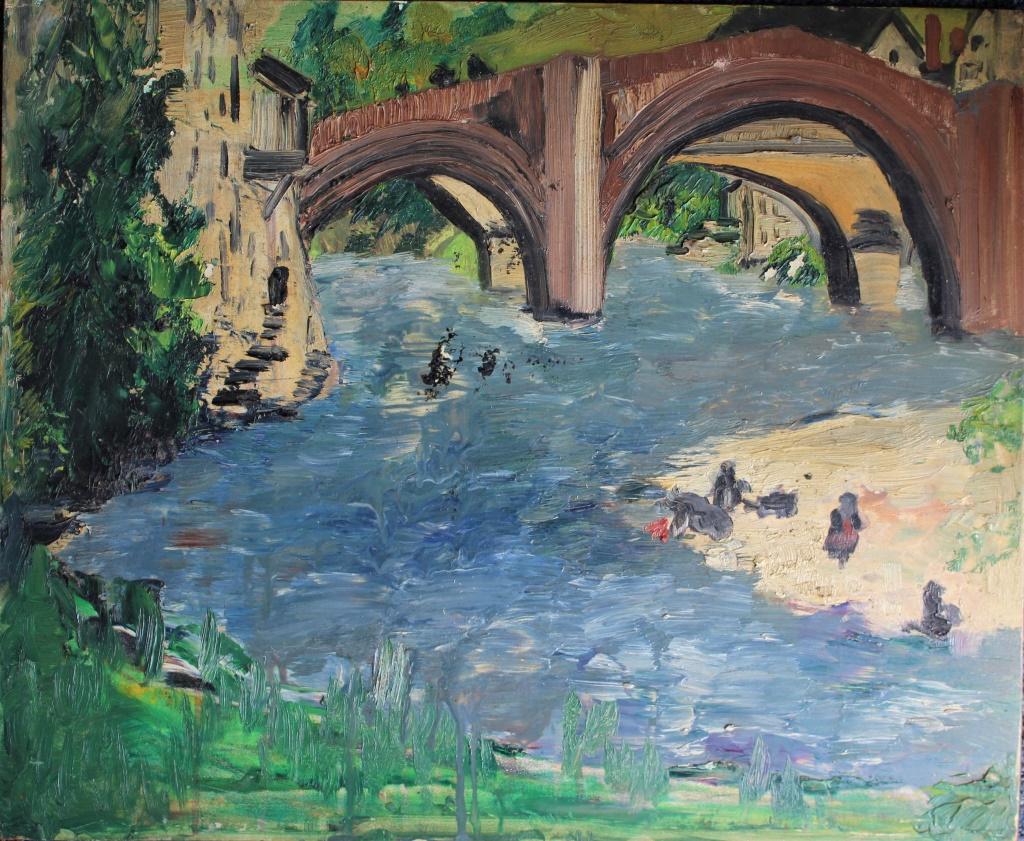 Eloise Egan (1874 - 1967): Figures by the river near a bridge. French label on back. Title: Cleaning by the River. Medium: Oil on Board. Size: 15 X 18 in. Signature: Verso. Artist: Eloise Egan (1874 - 1967). Unframed.