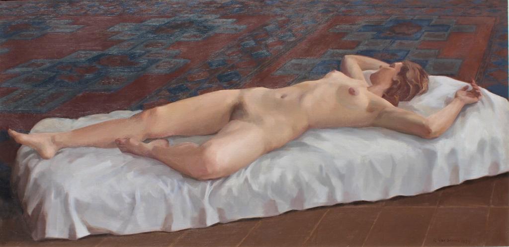 Roger Van Damme (born 1921): Full length reclining nude female. Title: Reclining Nude. Medium: Oil on Canvas. Size: 30 X 60 in. Signature: SLR. Artist: Roger Van Damme (born 1921). Framed. Fram size: 34.25 x 64.50