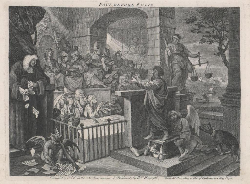 William Hogarth Etching [Paul Before Felix], 1751: William Hogarth (1697 - 1764) etching [Paul Before Felix]. Dated May 1751 lower right. Measures 9.75 x 13 5/16" (plate size) and measures 11 3/16" x 16" (sheet size). On laid paper. Etching is in Vg t