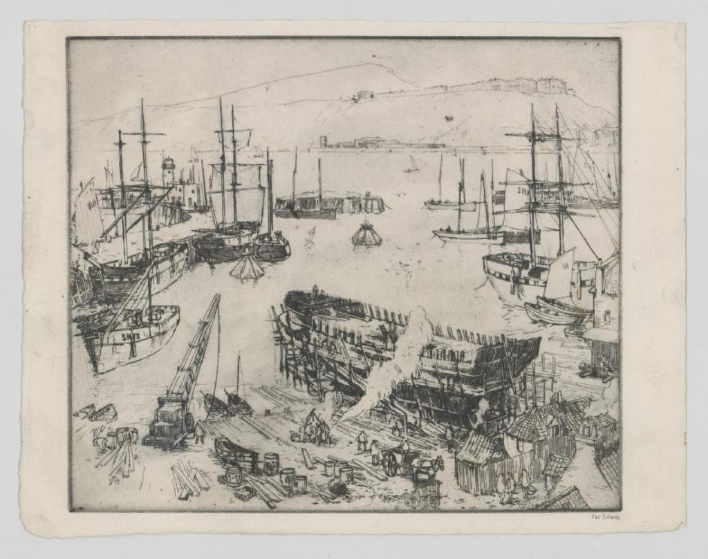 Nelson Dawson Etching: Nelson Dawson original etching. Unsigned, in pencil lower right is written 1st State". Other examples of this etching that we have are pencil signed or signed in the plate. Measures 9" x 10 3/8" (plat