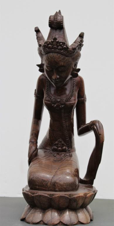 MID-CENTURY HAND CARVED KUKU WOOD. ASIA, A. A .Duglir: Mid Century Hand Carved Kuku Wood Southeast Asian Figure Mid Century Hand Carved Kuku Wood Southeast Asian Figure, probably from Indonesia or Bali. This hand carved Lady seated / kneeling figure done 
