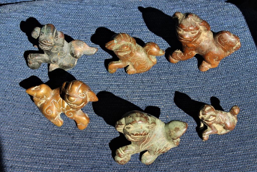 VIETNAMESE 5 bronze lion Unicorn Qilin Mythical Animals: 5 Bronze lion animals from Indochina of Different shapes (Vietnam or Cina?, Southeast Asia), probably used as paper holders, Indochina 20th century? Size: 3.5 x 4 in.