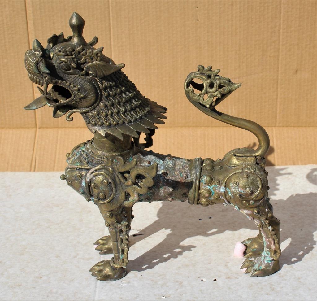 Vietnamese or Chinese Bronze Quilin Unicorn Censer/Burn: A Large bronze Quilin or Ky Linh (unicorn Mythical animal) censor or altar burner, probably from Size: 16 x 12 x 7 in. Indochina Vietnam (Southeast Asia) or China