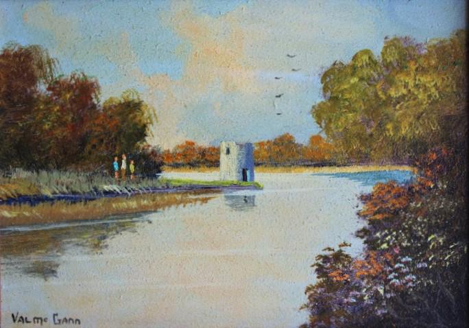 Val McGann (1928 - 2016): Label On verso: The River Lee Co., Cork, Ireland. Title: The River Lee Co. Cork Ireland. Medium: Oil on Board. Size: 5.25 X 7 in. Signature: SLL. Artist: Val McGann (1928 - 2016). Framed.