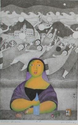 Yu Cha Pak: Colored etching and artist proof dated 1990 by artist Yu Cha Pak, Yu Cha Pak was born in Korea and studied Classical Oriental Art in Seoul. After immigrating to the United States she continued her stu