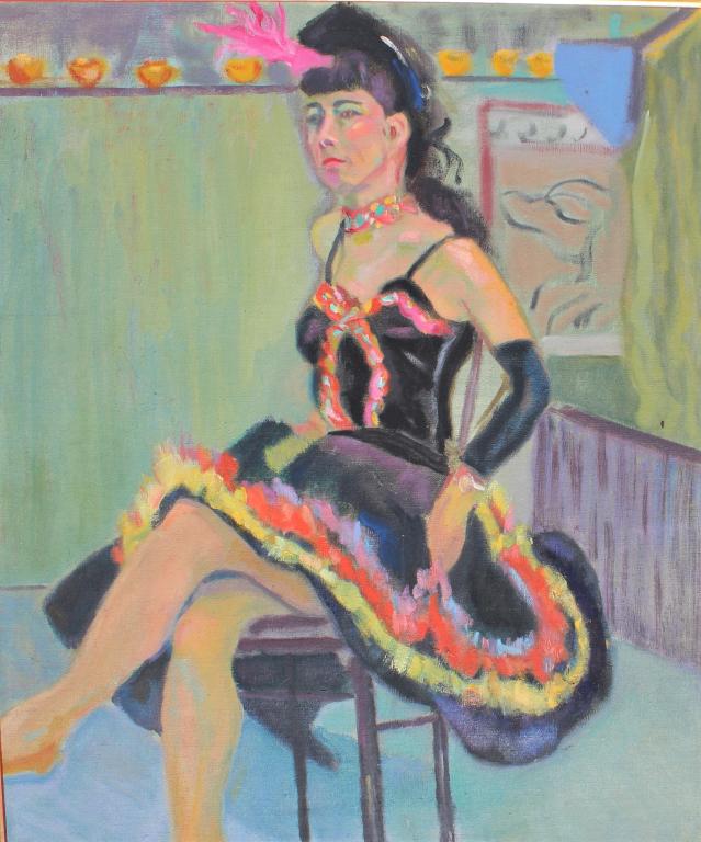 Can Can Dancer: Dancer sitting on a Chair. Title: Can Can Dancer. Medium: Oil on Board. Size: 24 X 20 in. Signature: Unsigned. Artist: unknown. Framed.