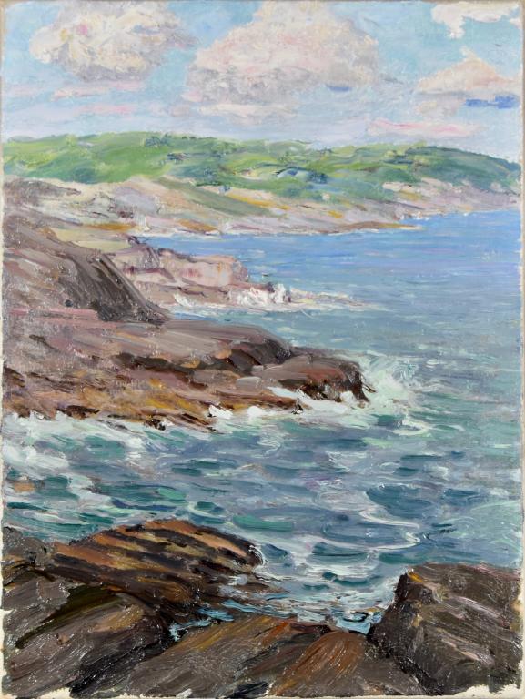Harry Leslie Hoffman (1871/1874 - 1964): Harry Leslie Hoffman (1871/1874 - 1964). Shore scene of Bald Hill Cliff (Maine), crashing waves on a bright summer day. Estate stamp on verso. Art Association for Harry Leslie Hoffman: American Waterc