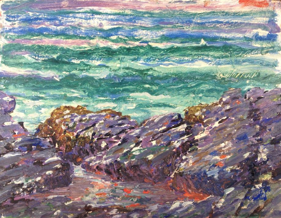 Harry Leslie Hoffman (1871/1874 - 1964): Harry Leslie Hoffman (1871/1874 - 1964). Galapagos Island,Rocky seascape. Estate stamp on verso. Art Association for Harry Leslie Hoffman: American Watercolor Society, Painters in Watercolor Lyme Art