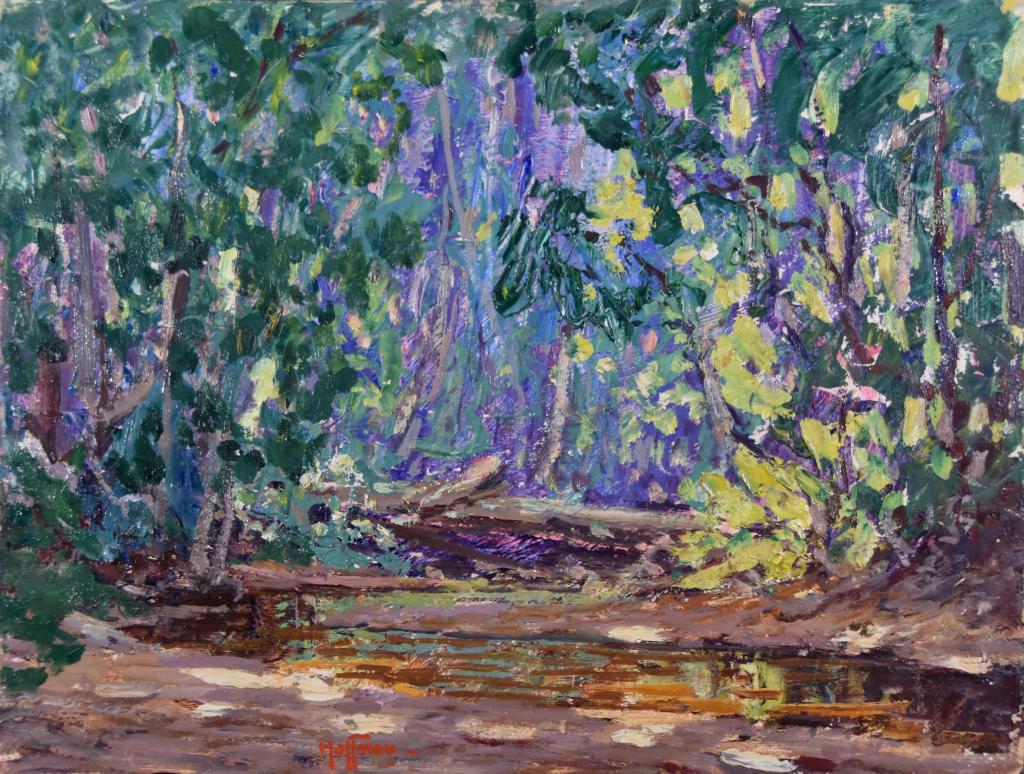 Harry Leslie Hoffman (1871/1874 - 1964): Harry Leslie Hoffman (1871/1874 - 1964). Low tide in a jungle stream located in British Guyana. Lyme Art Association label on verso. Signed n front bottom left, Signed on verso, art association label,