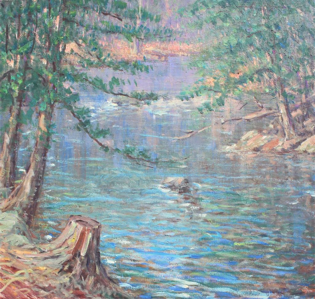 Harry Leslie Hoffman (1871/1874 - 1964): Harry Leslie Hoffman (1871/1874 - 1964). Woodlands,stream, pines & stump,. Estate stamp on verso. Art Association for Harry Leslie Hoffman: American Watercolor Society, Painters in Watercolor Lyme Art
