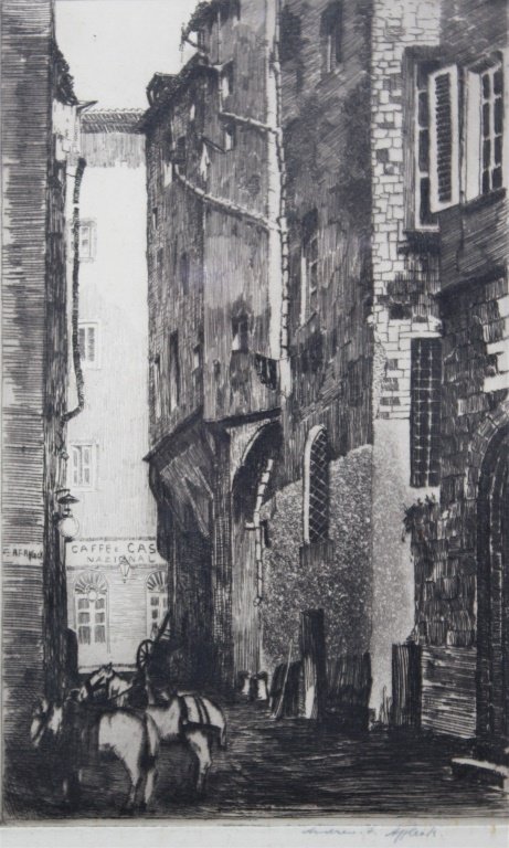 Andrew Fairbairn Affleck (1869 - 1935): Andrew Fairbairn Affleck (1869 - 1935). Old street in Florence Italy. Title: Florence Italy. Medium: Etching. Size: 11.50 X 7.25 in. Signature: SLR. Artist: Andrew Fairbairn Affleck (1869 - 1935). Fra