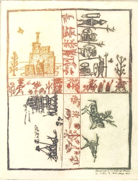 Guillermo Silva Santamaria, Bogota , Columbia: Guillermo Silva Santamaria. Title: Homenaje a un Nino"- (Homeage to a lttle boy), Number 23, dated 1962". Title: Homeage to a little boy. Medium: Print. Size: 3.75 x 3.75 in. Signature: SLR. Artist: G