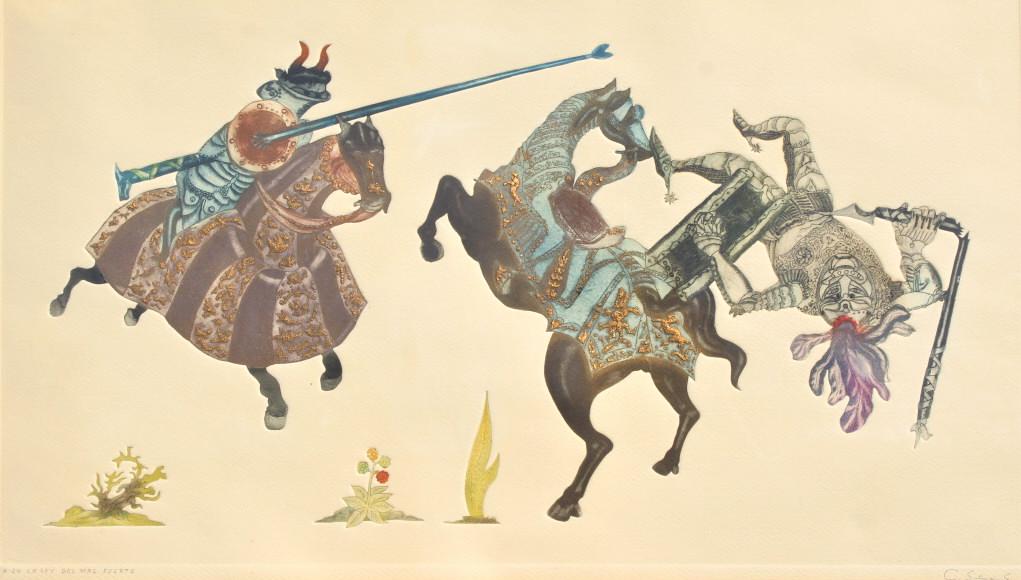 Guillermo Silva Santamaria: Guillermo Silva Santamaria. Large colored etching, number 24, dated 1964, Frame size: 25.50 x 37.50. Tumbling knight from a jousting match. Title: La Ley Del Mas Fuerte. Medium: Etching. Size: 15.5 x