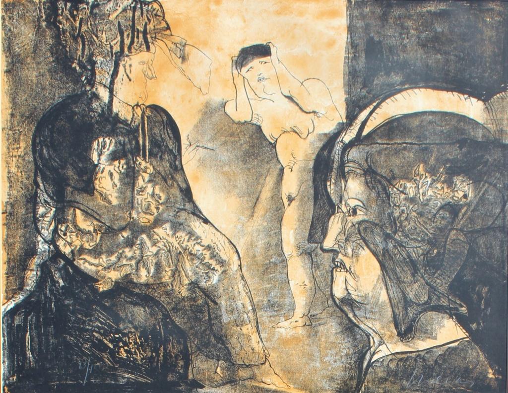Jose Luis Cuevas (1934 - 2017): Jose Luis Cuevas (1934 - 2017). 3 people orange and black. Medium: Lithograph. Size: 21 X 27 in. Signature: SLR. Artist: Jose Luis Cuevas (1934 - 2017). Framed.