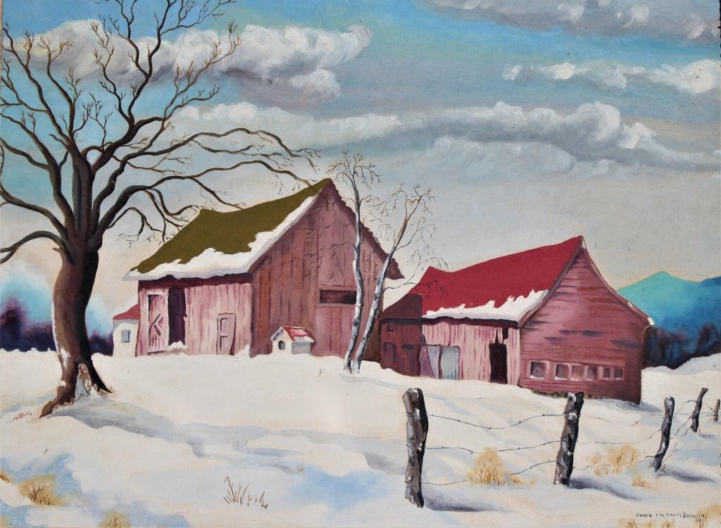 Grace McGrath Browin: Grace McGrath Browin. Winter Farm scene. Title: Winter Farm Scene. Medium: Oil on Board. Size: 18 X 24 in. Signature: SLR. Artist: Grace McGrath Browin. Framed.