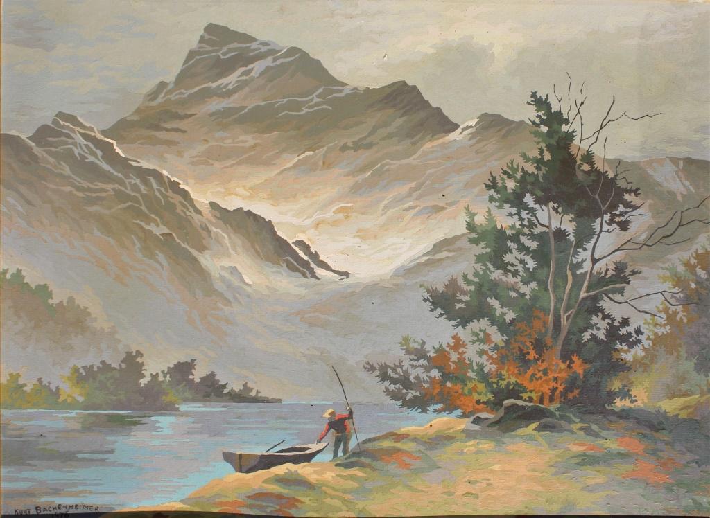 Kurt Bachenheimer: Kurt Bachenheimer. Dated 1972, paint by numbers,. Title: Relaxing at the Fishing Hole. Size: 18 X 24 in. Signature: SLL. Artist: Kurt Bachenheimer. Framed.