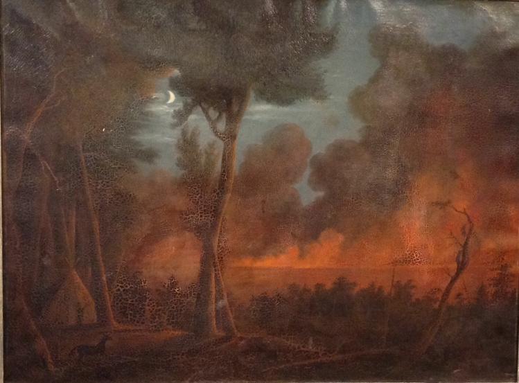 Ralph Albert Blakelock (1847 - 1919): Ralph Albert Blakelock (1847 - 1919). Moonlight Night scene with of fire approaching Indian camp. Ralph Blakelock is known for luminous landscape and portrait painting. c.1890, Grogan & Company 6/21/2