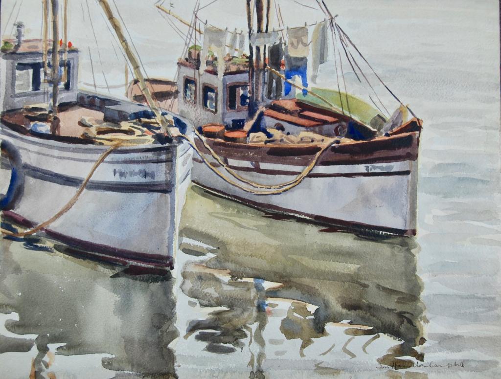 Ian Campbell (1905-1999): Ian Campbell (1905-1999). Harbor Scene, fishing boats at rest Signed lower right. Title: The Harbor. Medium: Watercolor. Size: 17 X 22 in. Signature: SLR. Artist: Ian Campell. Unframed.