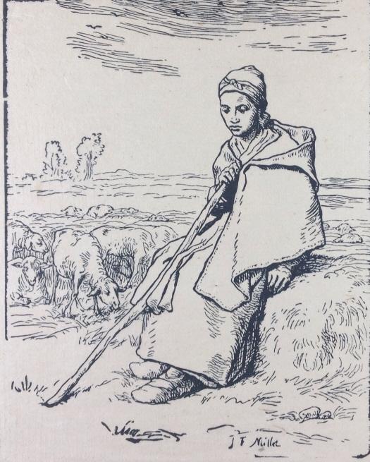 J. F. Millet: J. F. Millet. REsting on a hat bale, sheep herder ponders the day. Title: Resting Sheep herder. Medium: Lithograph. Size: 10.75 x 8.5 in. Signature: inscribed. Artist: J. F. Millet. Unframed.