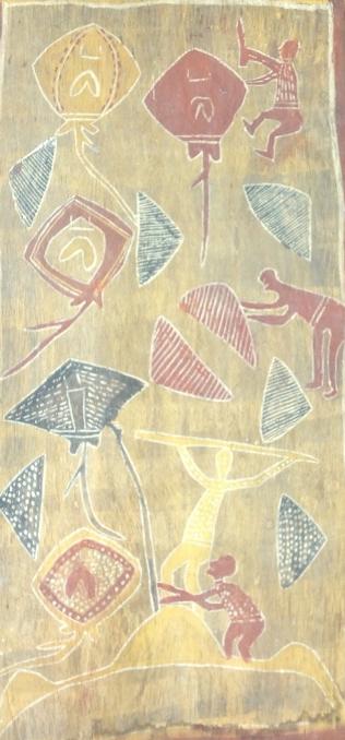 Australia art: Australia art. Folk art, Australia aboriginal art. Title: Hunters. Medium: Paint on bark. Size: 21 x 10.50 in. Signature: Unsigned. Artist: unknown. Unframed.