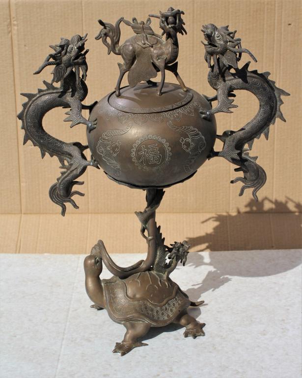 large incense bronze,with sacred turtle: large incense bronze,with sacred turtle. Very large Bronze incense burner, Chinese or Vietnamese with sacred turtle. Size: 21 X 16 X 8 in.