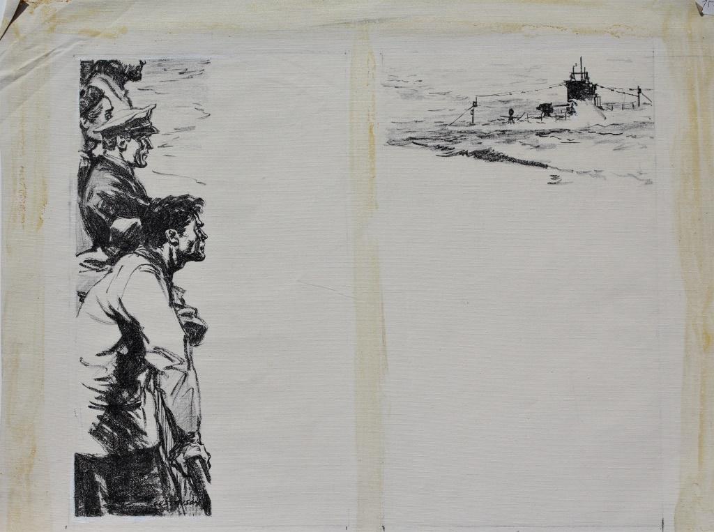 Leland Gustavson (American 1894-1966) Illustrator: Leland Gustavson (American 1894-1966) Illustrator. Sailors watching the top of a submarine. Drawing is on a window shade. Leland R. Gustavson was active/lived in New York, Illinois. Leland Gustavson i