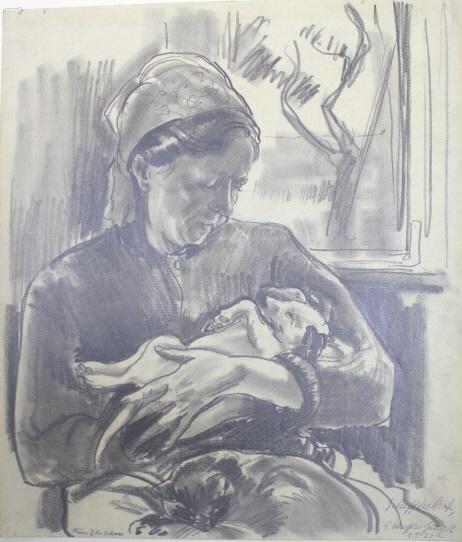 Rudolph Sheffler (German/American 1884-1973): Rudolph Sheffler (German/American 1884-1973). woman in a rocking chair holding a dog. Signed R A Sheffler and another signature and dated 7 9 27. Lower left reads Fran Ehelebean. Title: Relaxing with 