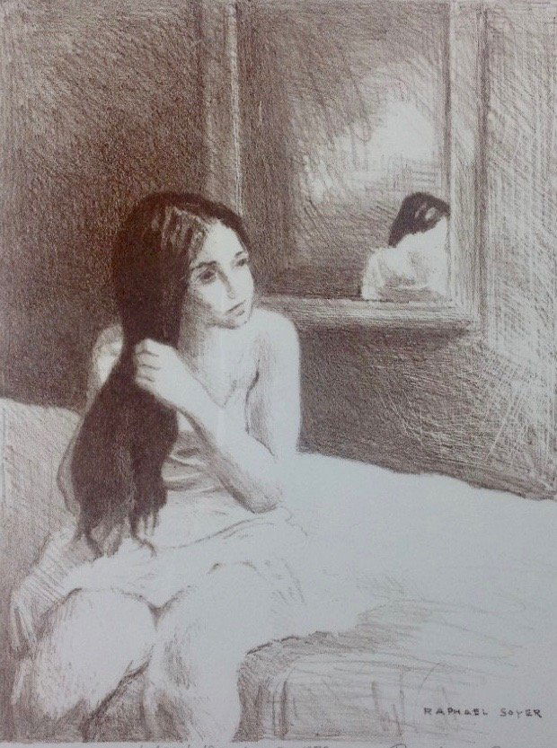 Raphael Soyer: Raphael Soyer ( 1899-1987). Young girl on bed fixing her hair. Raphael Soyer is known for social realist figure and genre painting, lithography, teaching.. Title: The Girl. Framed. Medium: Etching. Si
