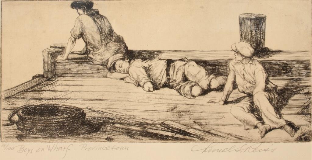 Lionel Reiss (1894 - 1988): Lionel Reiss (1894 - 1988). Boys on a dock in Provincetown. Signed and numbered 18/100 by artist. Title: Boys on the wharf in Provincetown. Medium: Etching. Size: 4 X 8.5 in. Signature: SLR. Artist: L