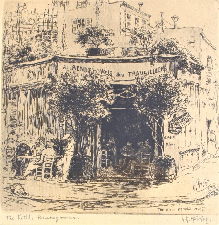 Lester Hornby (1882 - 1956): Lester Hornby (1882 - 1956). Title: THe Little Rendez. Medium: Etching. Size: 5.75 X 5.75 in. Artist: Lester Hornby (1882 - 1956). Framed.