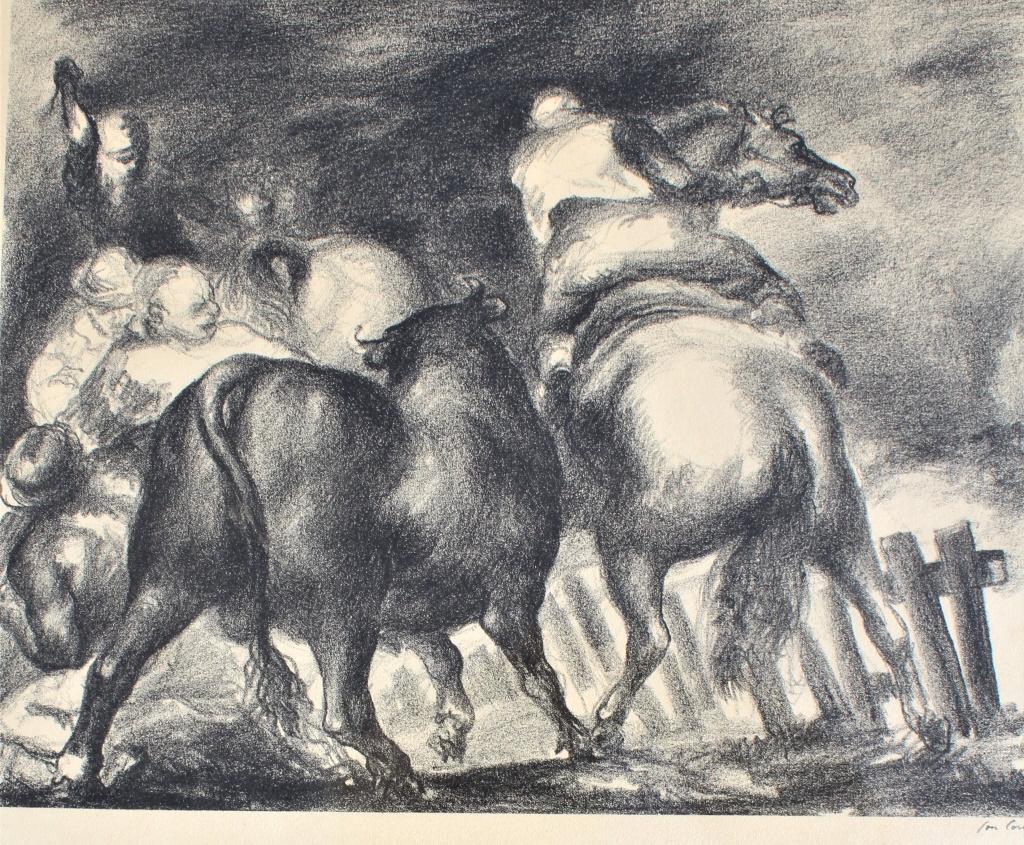 Jon Corbino (1905 - 1964) "Escaped Bull": Jon Corbino (1905 - 1964). Horse and rider trying to lasso a bull.. Title: "Escaped Bull" Medium: Lithograph Size: 14 X 16.5 in. Signature: SLR. Artist: Jon Corbino (1905 - 1964). Framed. Label on ver