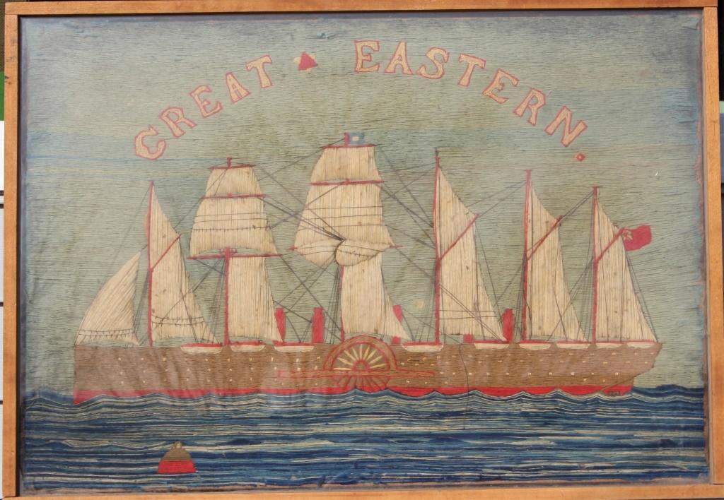 Woolie, The Great eastern, steamship and sail: Woolie, The Great eastern, steamship and sail. Title: "Great Eastern". Medium: wool. Size: 18 x 24 inches. Total frame: 19.25 x 27 x 1.50. Signature: Unsigned. Artist: unknown. Framed.Jump to searchGr