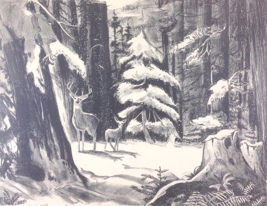 Earl Gross, A.W.S., 1959, Litho,: Earl Gross, A.W.S., 1959, Litho. 1/20 edition, A.W.S. Member, dated 1959, frame total size: 17 x21. Title: "Winter's Shadow". Medium: Lithograph. Size: 10.50 x 13.75 in. Signature: SLR. Artist: Earl G