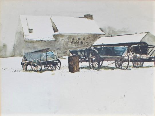 Andrew Wyeth, print: Andrew Wyeth, print. Title: Wagons and Barns. Medium: Print. Size: 15 x 19.50 in. Signature: Signed in plate. Artist: Andrew Wyeth. Framed.