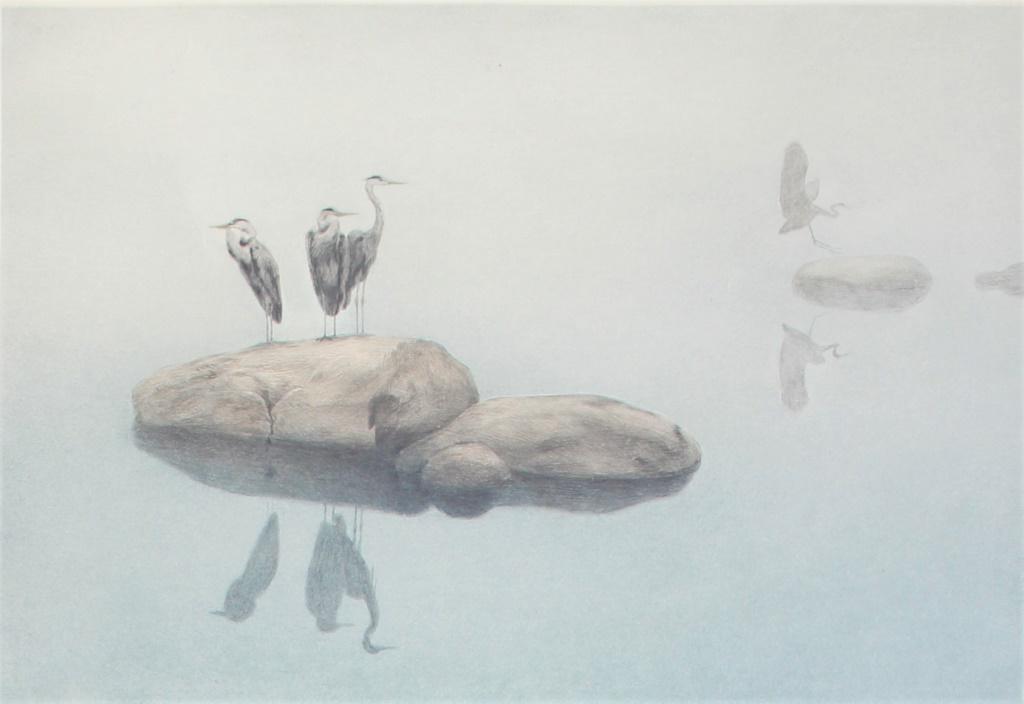 Karl Ewald Olszewski: Karl Ewald Olszewski 3 Blue Herons perched on a rock. Title: Blue Herons. Medium: Aquatint. Size: 10.5 X 15.25 in. Signature: Karl Ewald Olszewski. Framed.