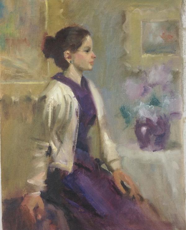 Harry Barton, young woman's portriat: Harry Barton, young woman's portriat. No Stretcher.., purple dress and flowers, and vase. Title: Young woman portrait. Medium: Oil on Canvas. Size: 18 x 14 in. Signature: Estate stamp on verso. Artist