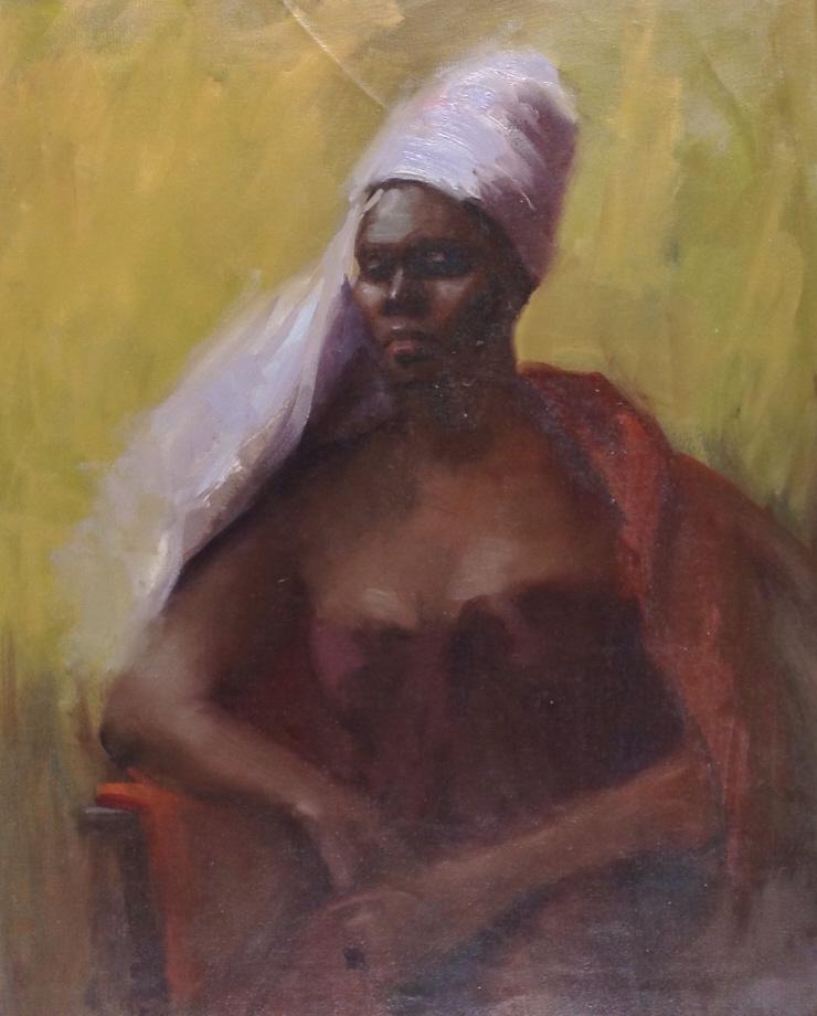 Harry Barton, female portrait, African American: Harry Barton, female portrait, African American. No stretcher.... Title: African American Female portrait. Medium: Oil on Canvas. Size: 23.50 x 19.50 in. Signature: Estate stamp on verso. Artist: Harr