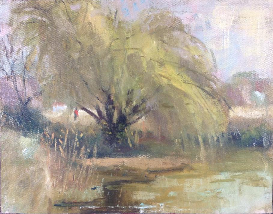 Harry Barton, double sided: Harry Barton, double sided. A person is walking in the background, cat tails are on the left 2nd side Autumn tree right , cat tails left. Title: The pond willow tree. Medium: Oil on Board. Size: 8 x 1